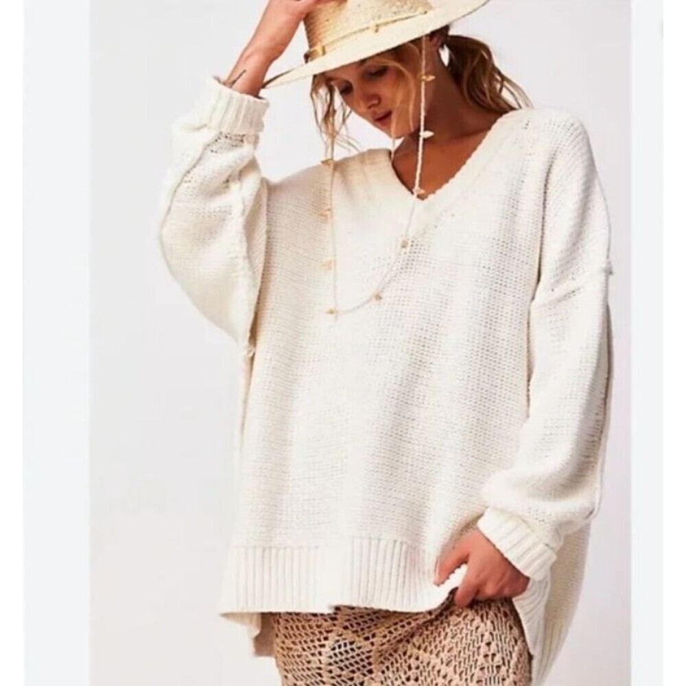 Free People Blue Bell V Neck Sweater in Ivory Size Large - Picture 6 of 12